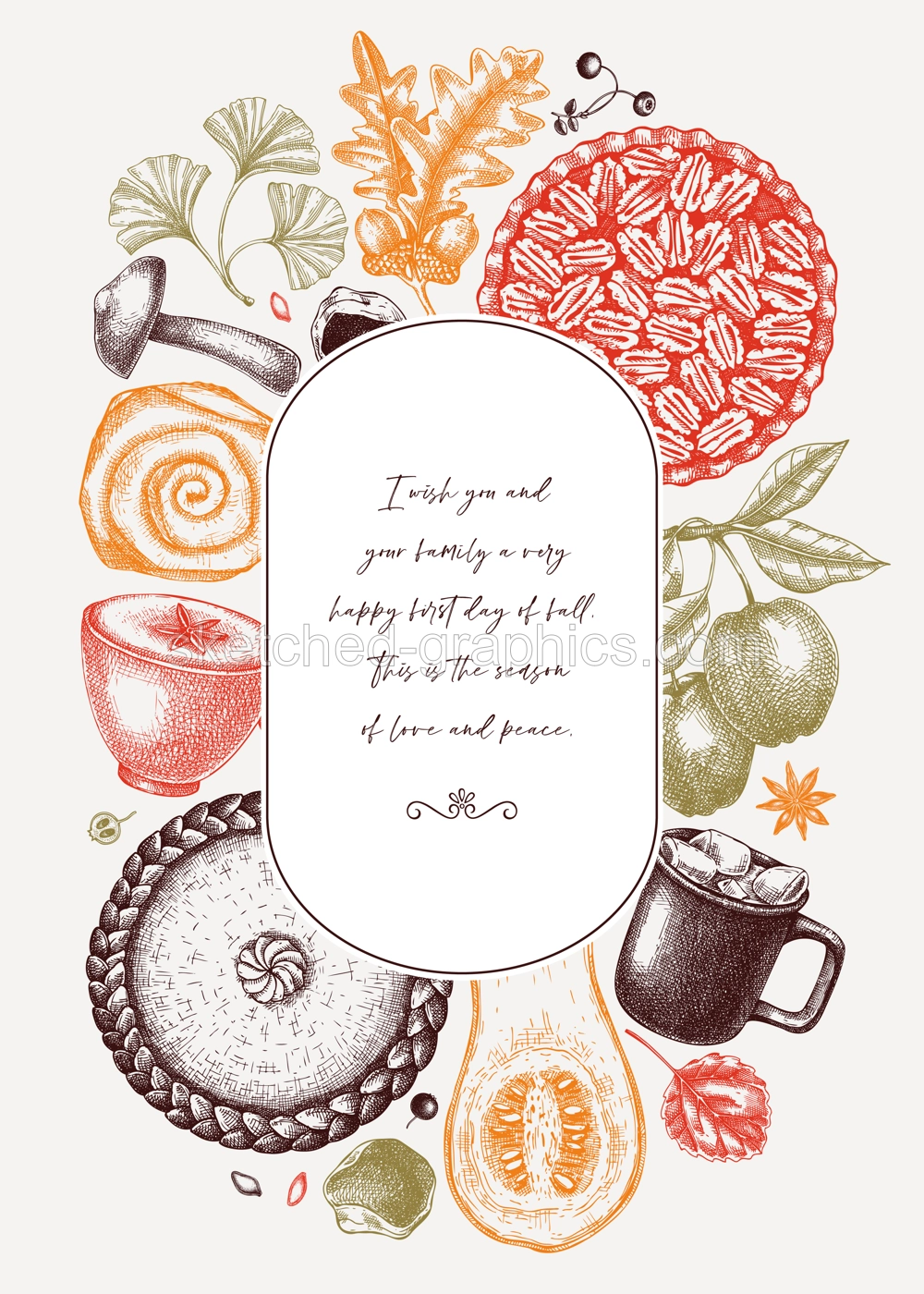 Autumn wreath design template. Hand-drawn vector illustration. Pumpkin, hot drink, fruit, pie, vegetables, pastry, fall leaves sketches. Harvest banner n color. Thanksgiving background Illustration